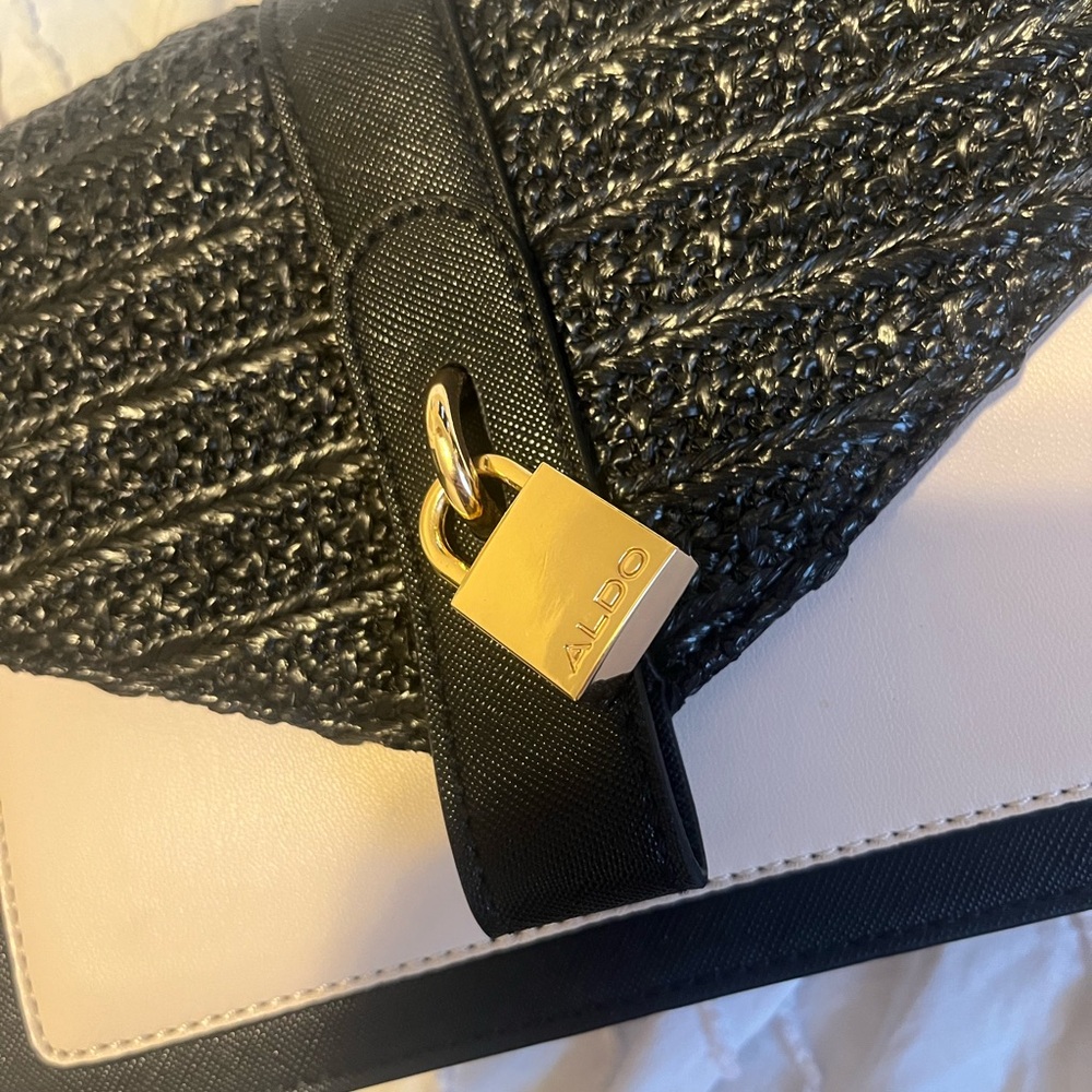 Aldo Black and Cream Shoulder Bag with Textured Design and Gold Accents